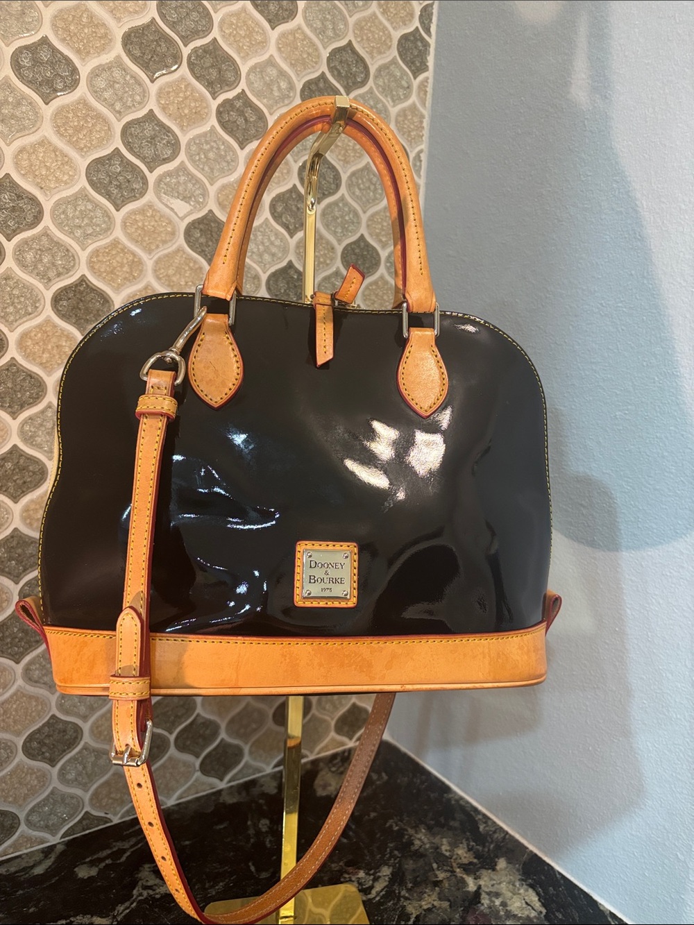 Dooney & Bourke Black Patent Satchel with Tan Trim